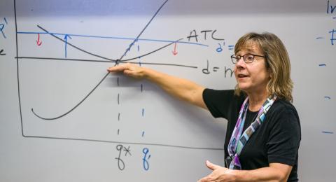 Professor of Economics Karen Conway lecturing about research