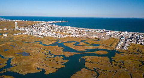 An aerial shot of the New Hampshire seacoast featuring Hampton Beach.