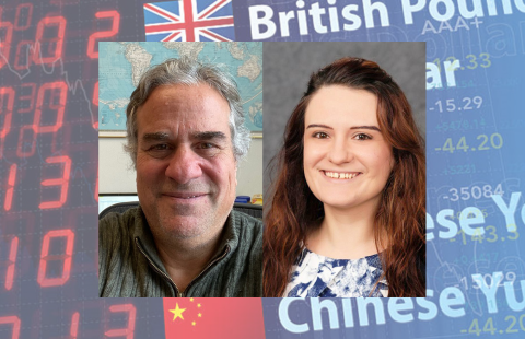 A headshot of Michael Goldberg and Deniz Ozabaci centerd and overlayed on a image of stock market numbers and currency names