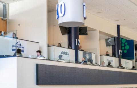 Students do individual interviews in the Whittemore Arena skyboxes