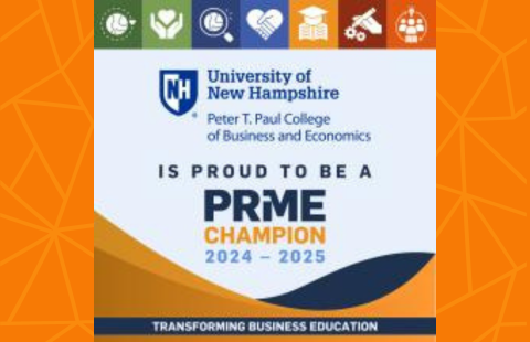 Graphic showing icons and the UNH Paul College logo with the text "is proud to be a PRME Champion 2024-2025"