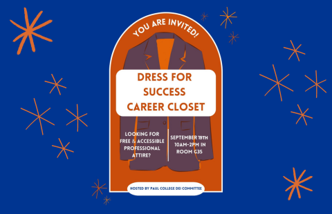 Graphic showing a suit jacket with the words "Dress for Success Career Closet" overlayed. Also the words "Looking for free and accesible professional attire?" and "Sept.19, 10 am - 2 pm in Room G35"