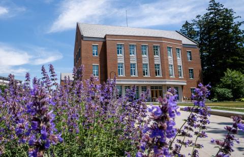 a picture of the front of the Paul College building with purple flowers framing the scene