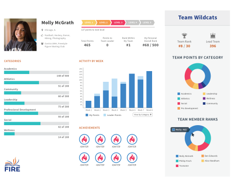 A mockup of a student dashboard for the game component of FIRE