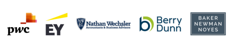 Logos for PWC, Ernst and Young, Nathan Wechsler Accountants and Business Advisors, Berry Dunn, and Baker Newman Noyes.