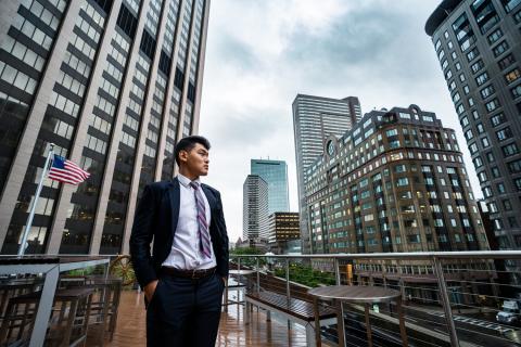 Ashim Gurung ‘22 with Boston skyline